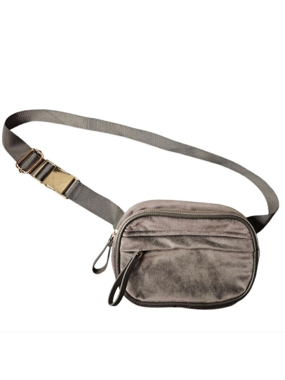 Indigo Belt Bag Crossbody Purse - Gray Suede-Like Fabric, Gold Hardware